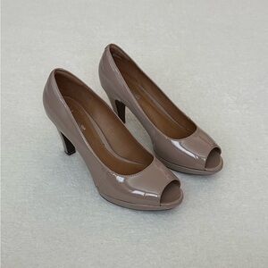 Clarks Patent Leather Taupe Peep-Toe Heels